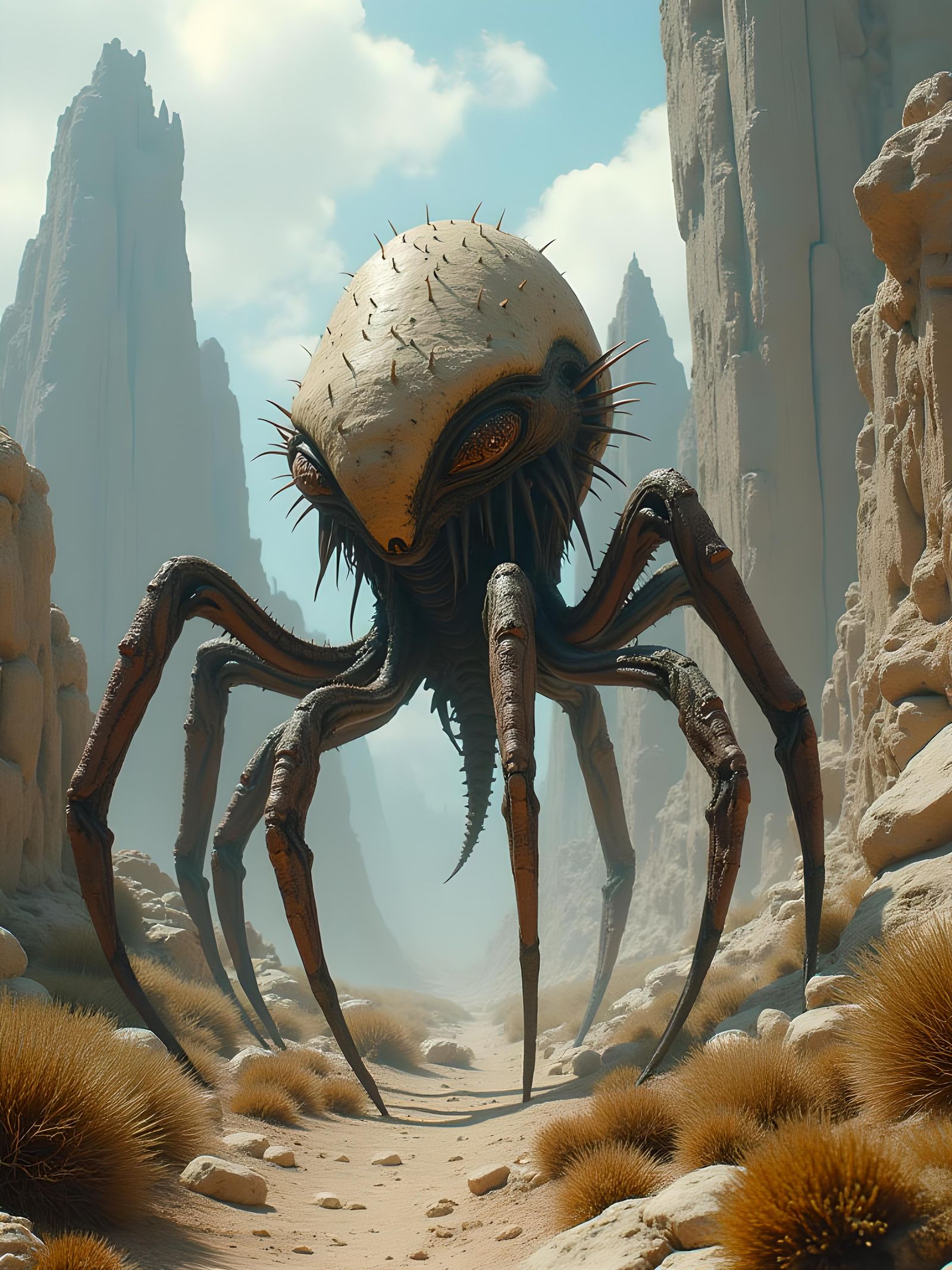 A radially-symmetrical alien with spiny skin and six legs in a rocky scrubland, with alien ruins in the background.