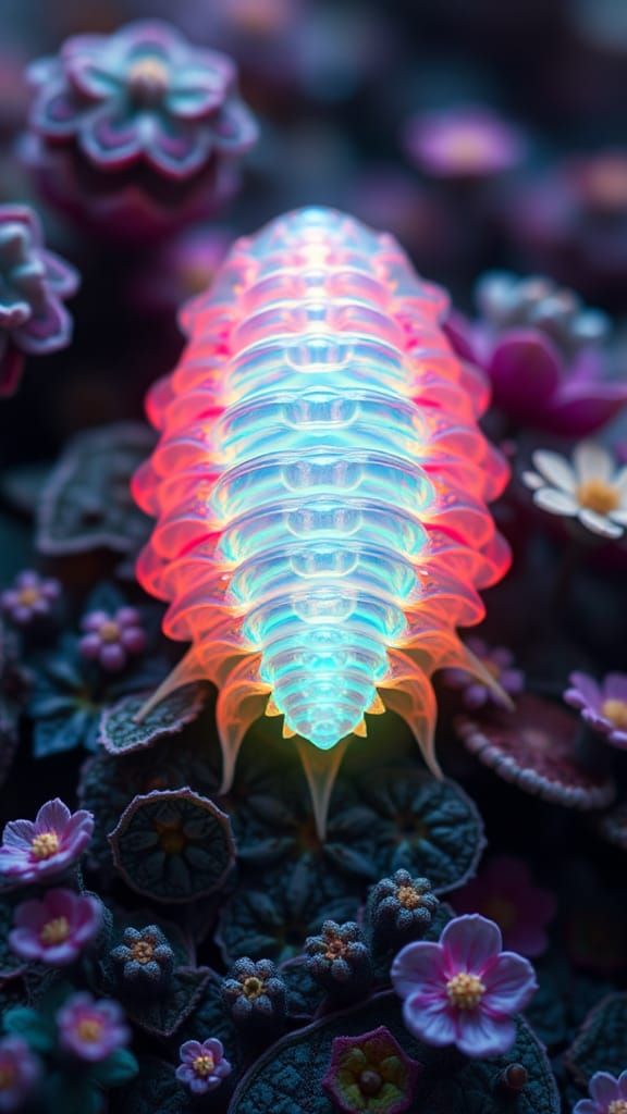 Opalescent Trilobite with Psychedelic Flora, Escher Style