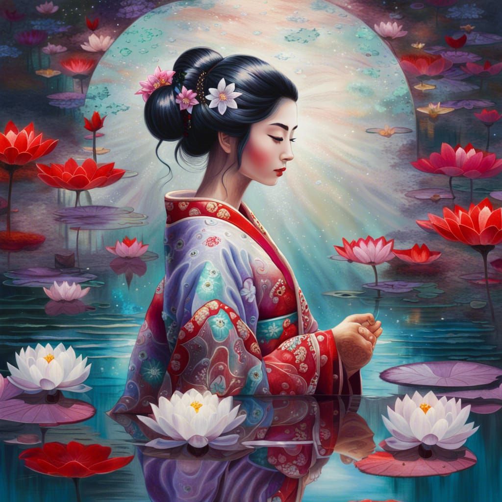 Geisha's Reflection: Ethereal Oil Painting