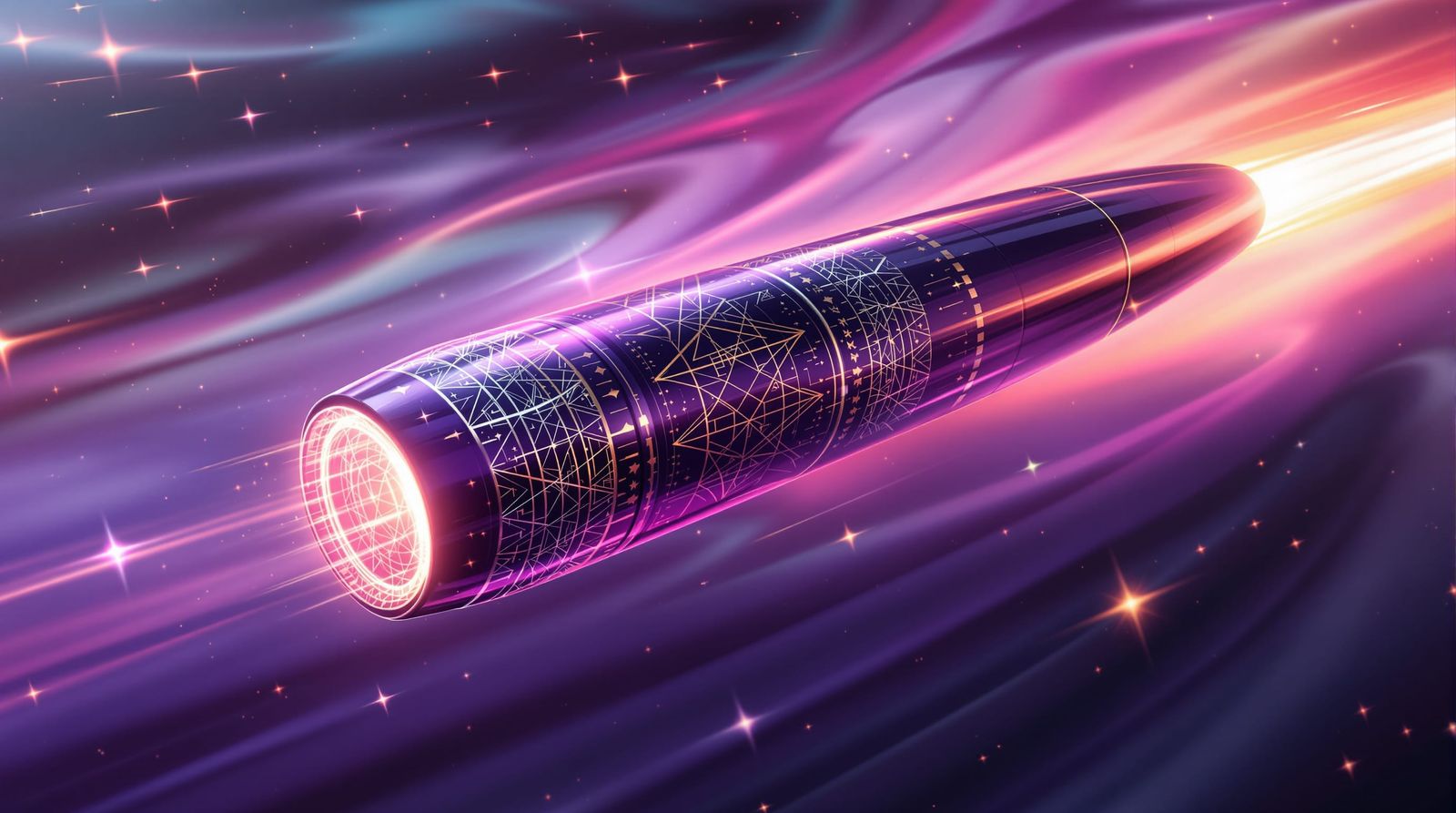 Sleek Purple Glass Spaceship in Pastel Nebula