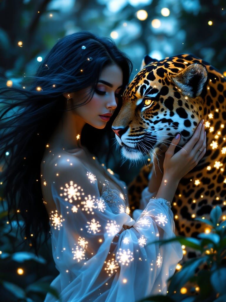 Ethereal Woman Meets Majestic Jaguar in a Surreal Jungle Dre...