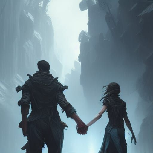Lovers Holding Hands in Dark Fantasy Style