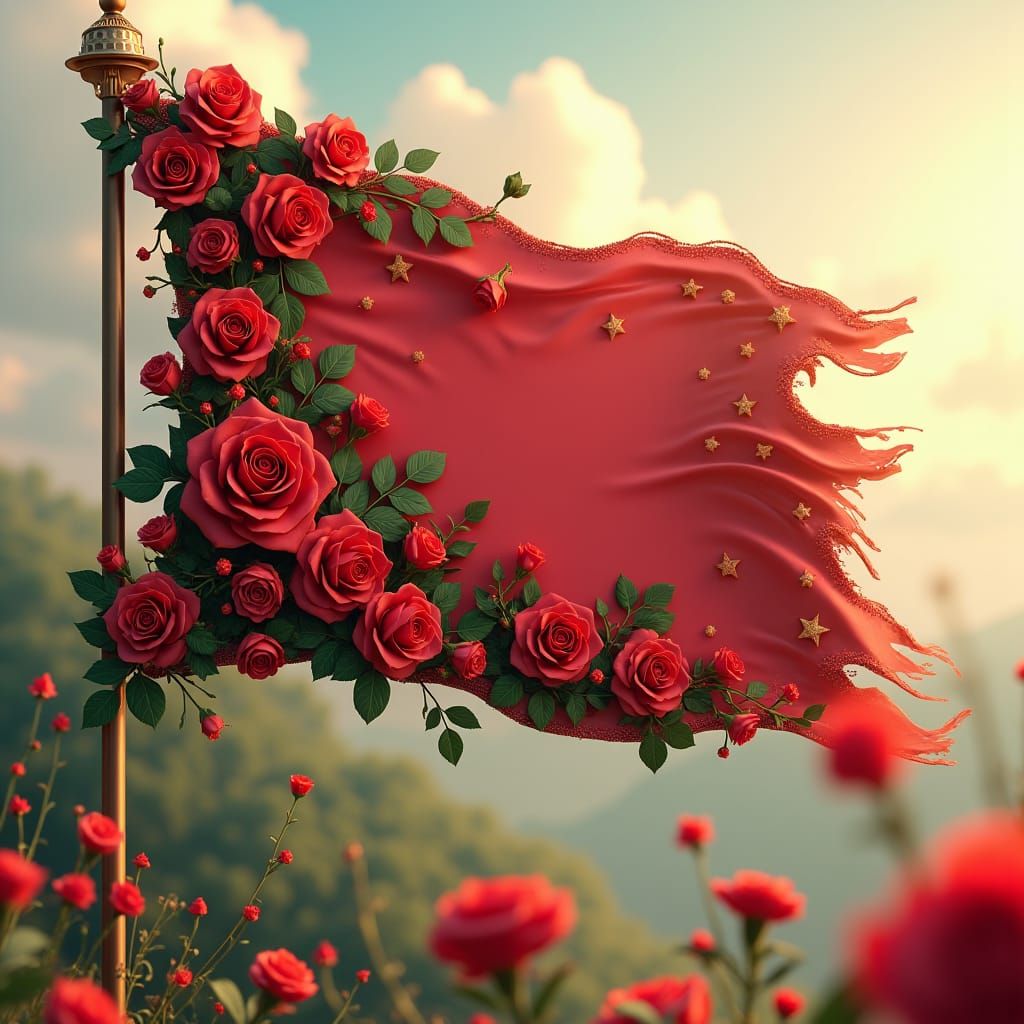 Fantasy Flag with Roses and Hearts in Digital Art Style