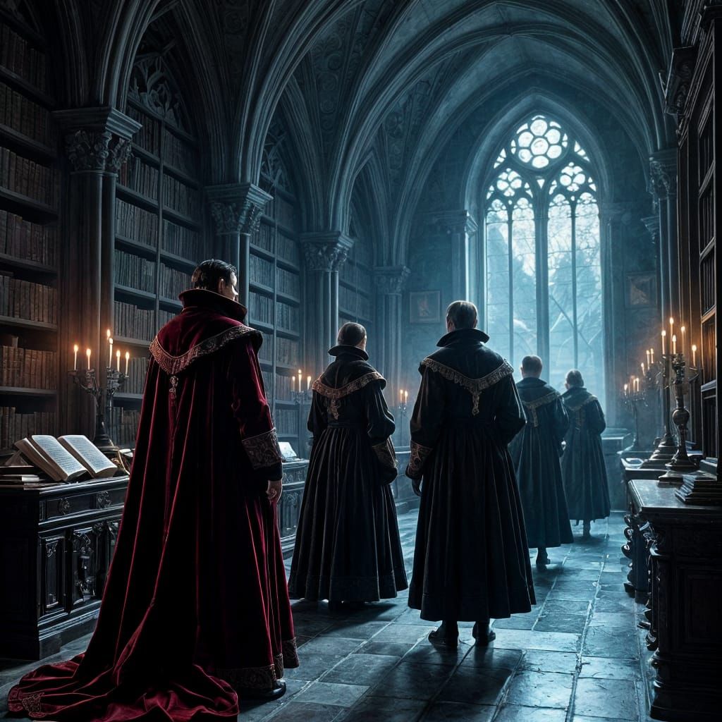 Gothic Gentlemen in Castle Library with Eerie Moonlight