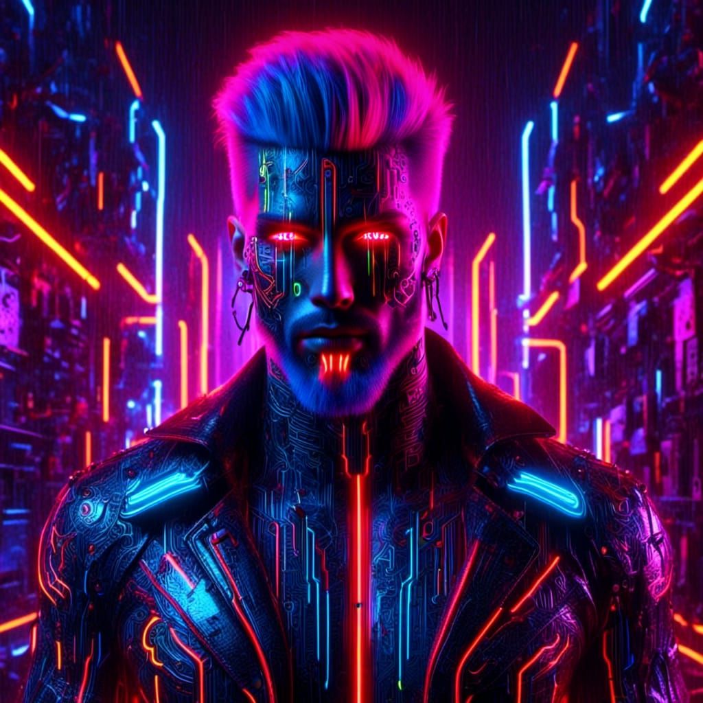 Neon Cyberpunk Vampire in Gothic Cityscape