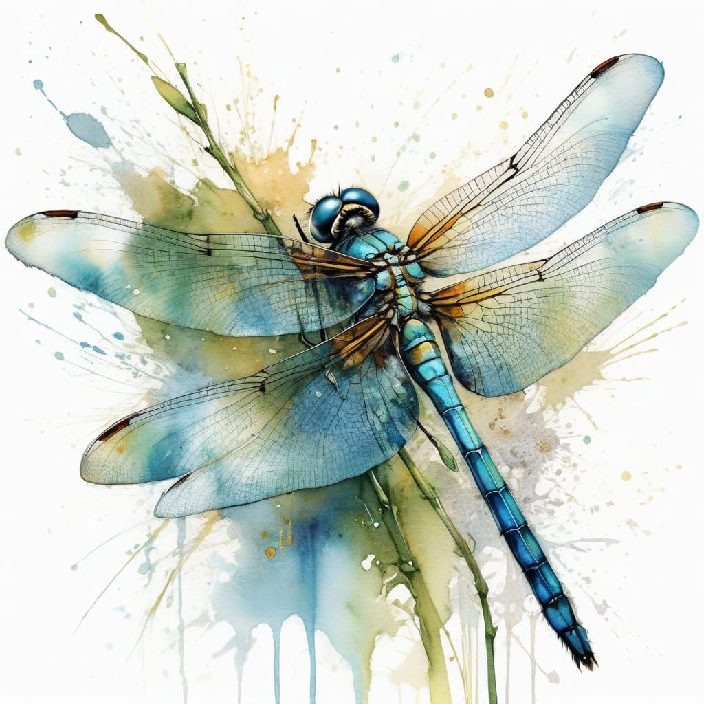 Dragonfly on Stem in Watercolour