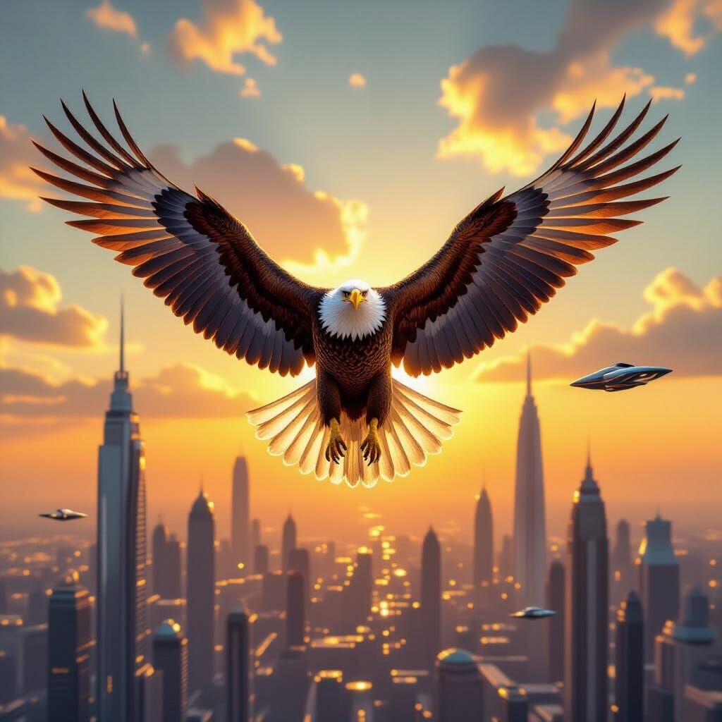 Majestic Eagle Soars Over Futuristic Cityscape