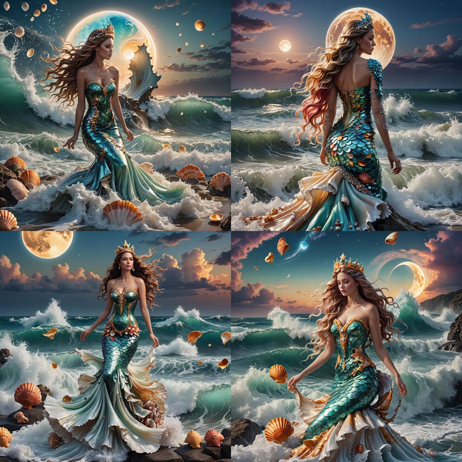 Mermaid at Moonlit Waterfall with Seashell, Hyperrealistic A...