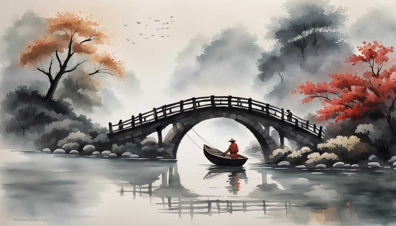 Misty Morning Stone Bridge in Chinese Painting Style