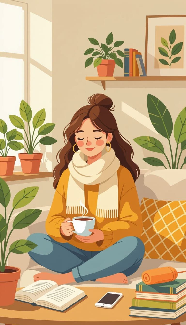 Millennial Woman in Cozy Setting, Minimalist Style