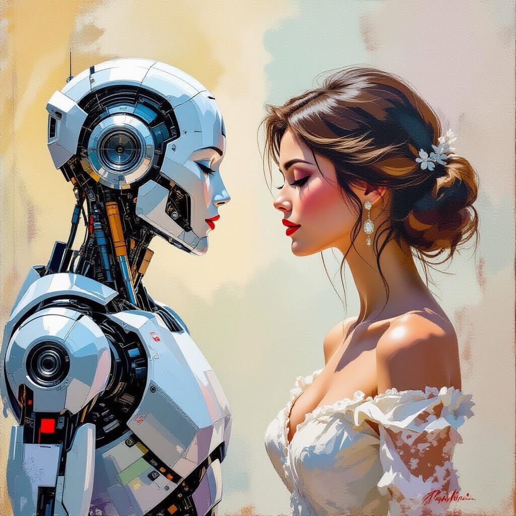 Robot Meets Woman: Gouache Impressionist Masterpiece