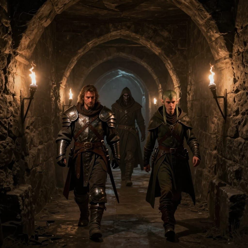 Dungeon Adventure: Dwarf, Fighter, and Elf in Dark Fantasy C...