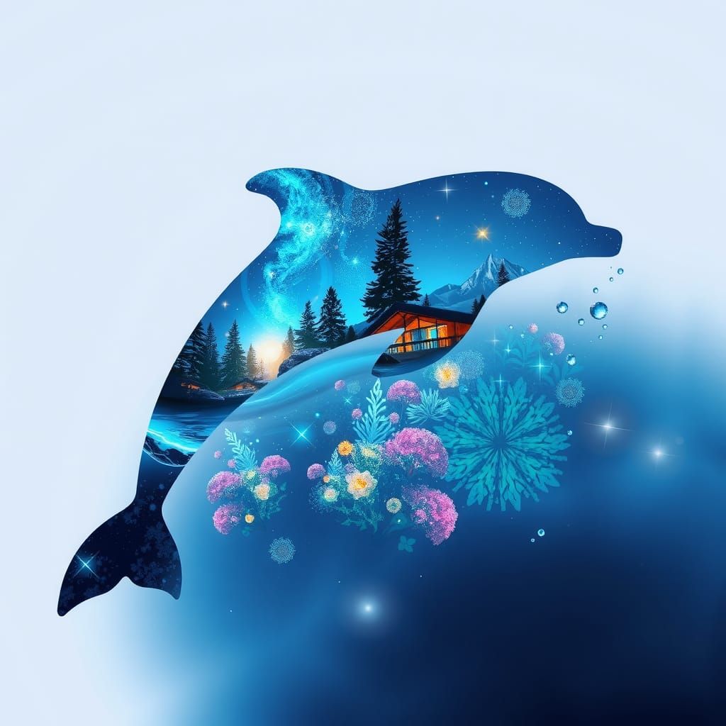 Dolphin Double Exposure with Ocean and Cosmic Scenes