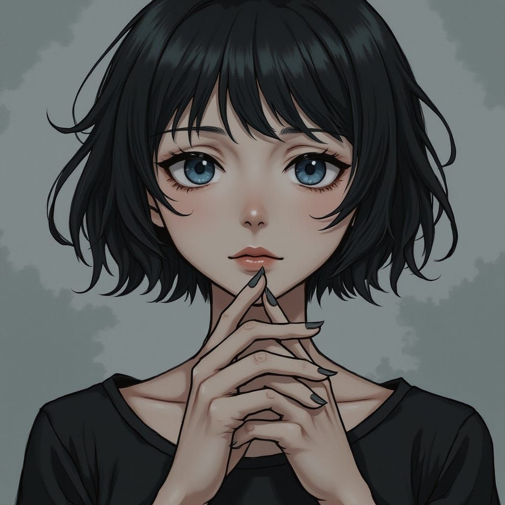 Menhera Ref Sheet With Knuckled Fingers in Watercolor Style