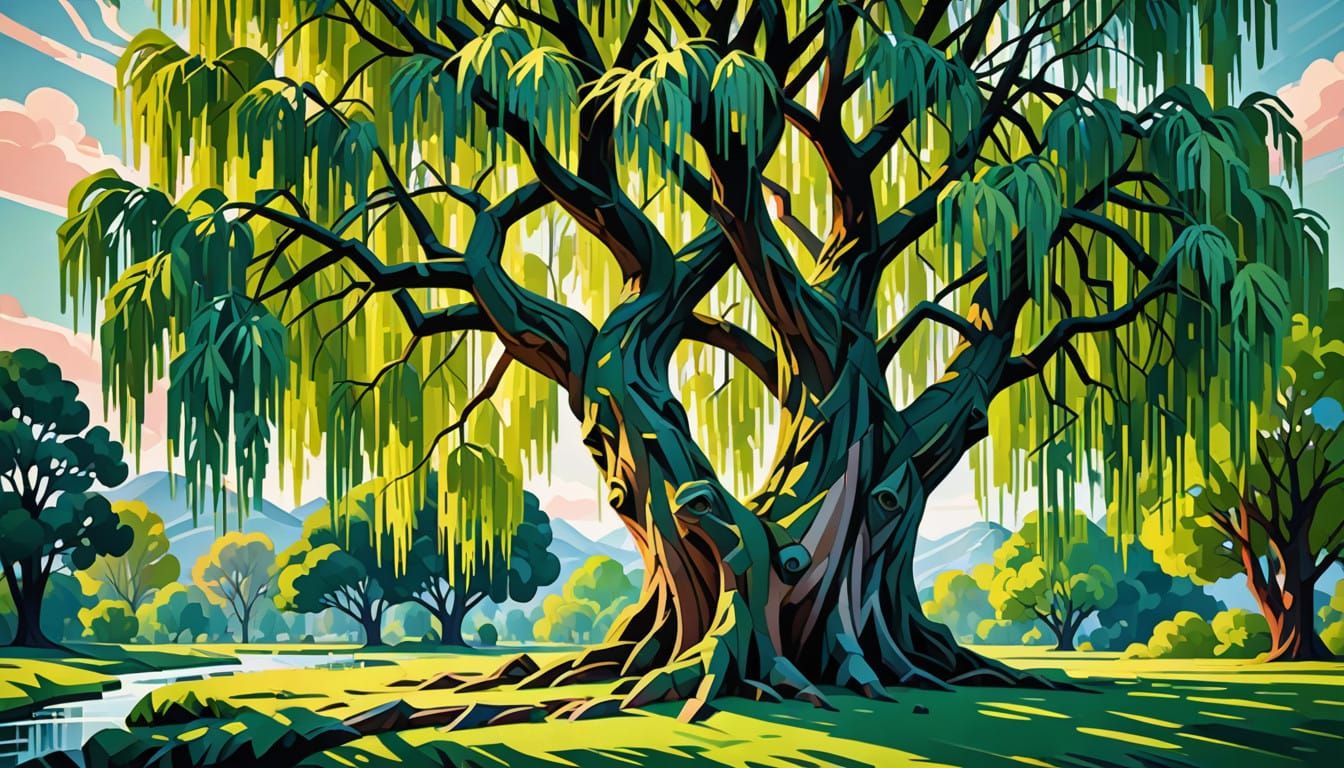 Geometric Weeping Willow in Neo-Cubist Art Deco Style