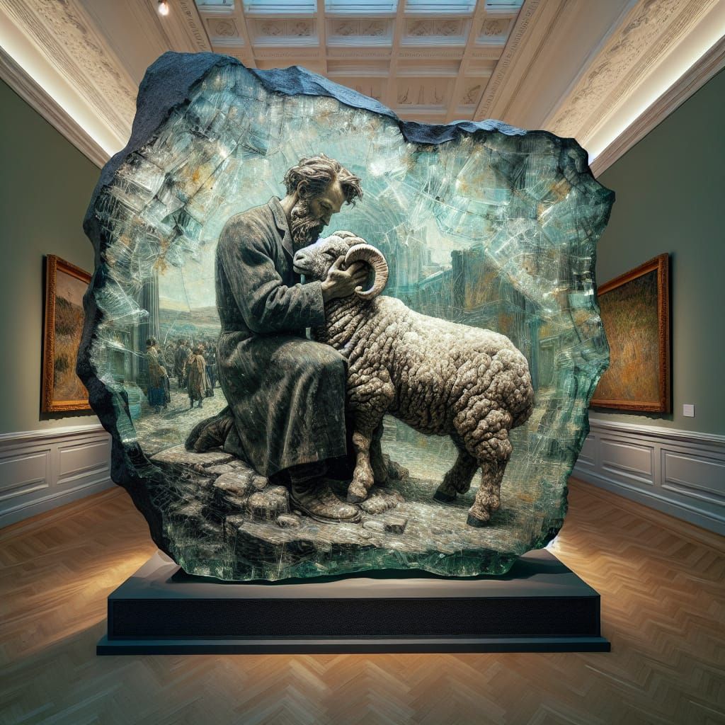 Post-Impressionist Glass Rock Sculpture with Emotional Sheep...