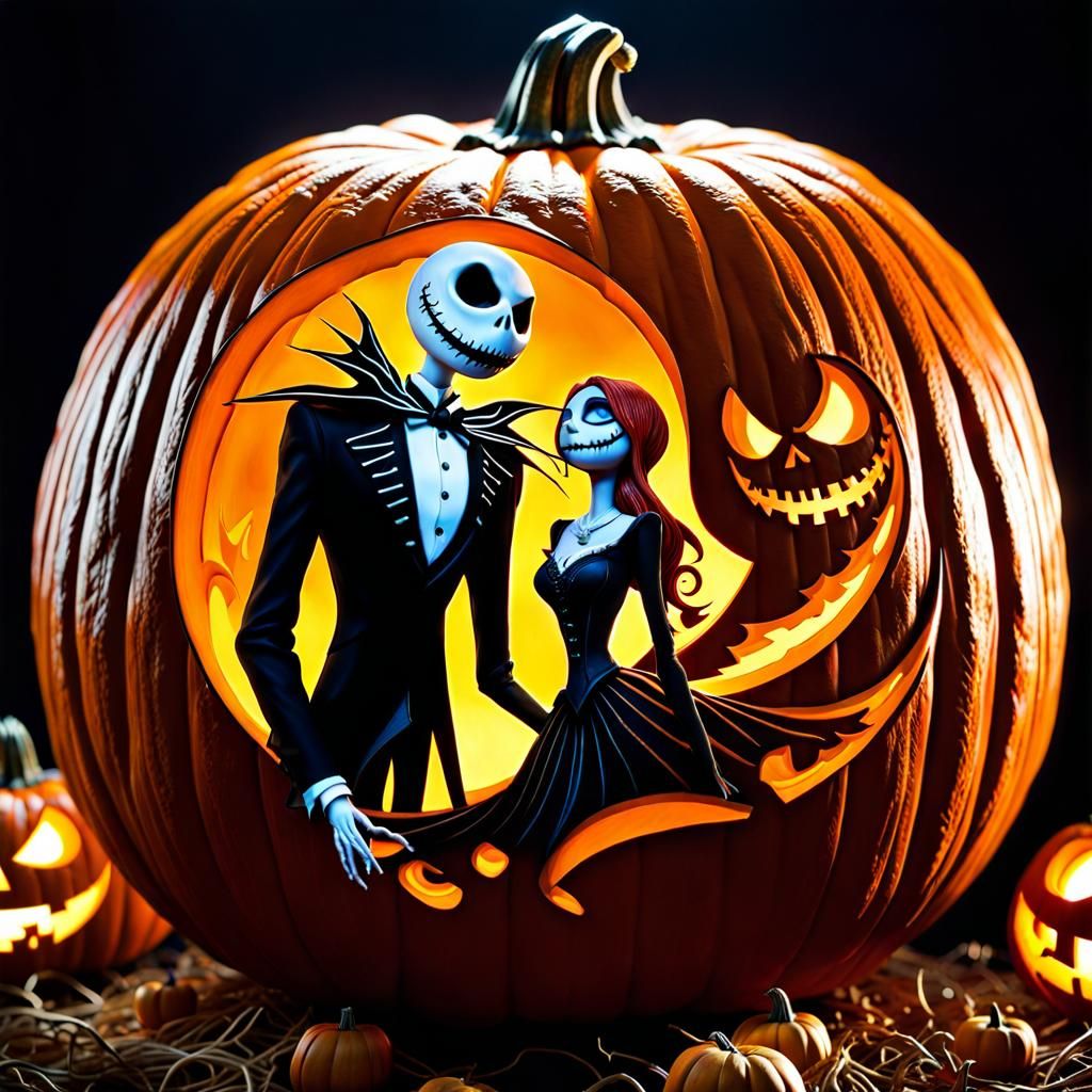 Ornate Halloween Pumpkin Carving of Jack and Sally