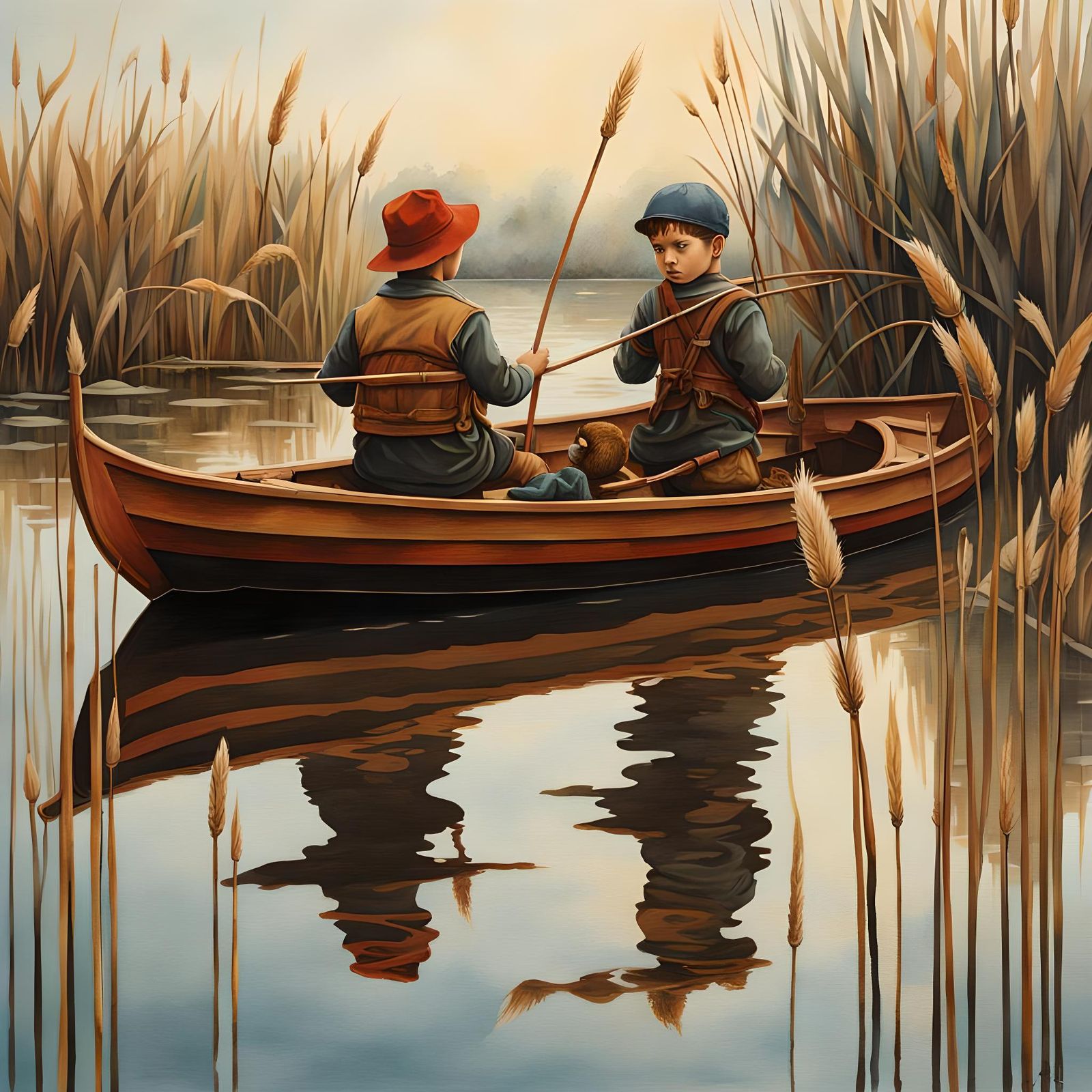 Boy Floats Toy Boats: Hyperrealistic Watercolor