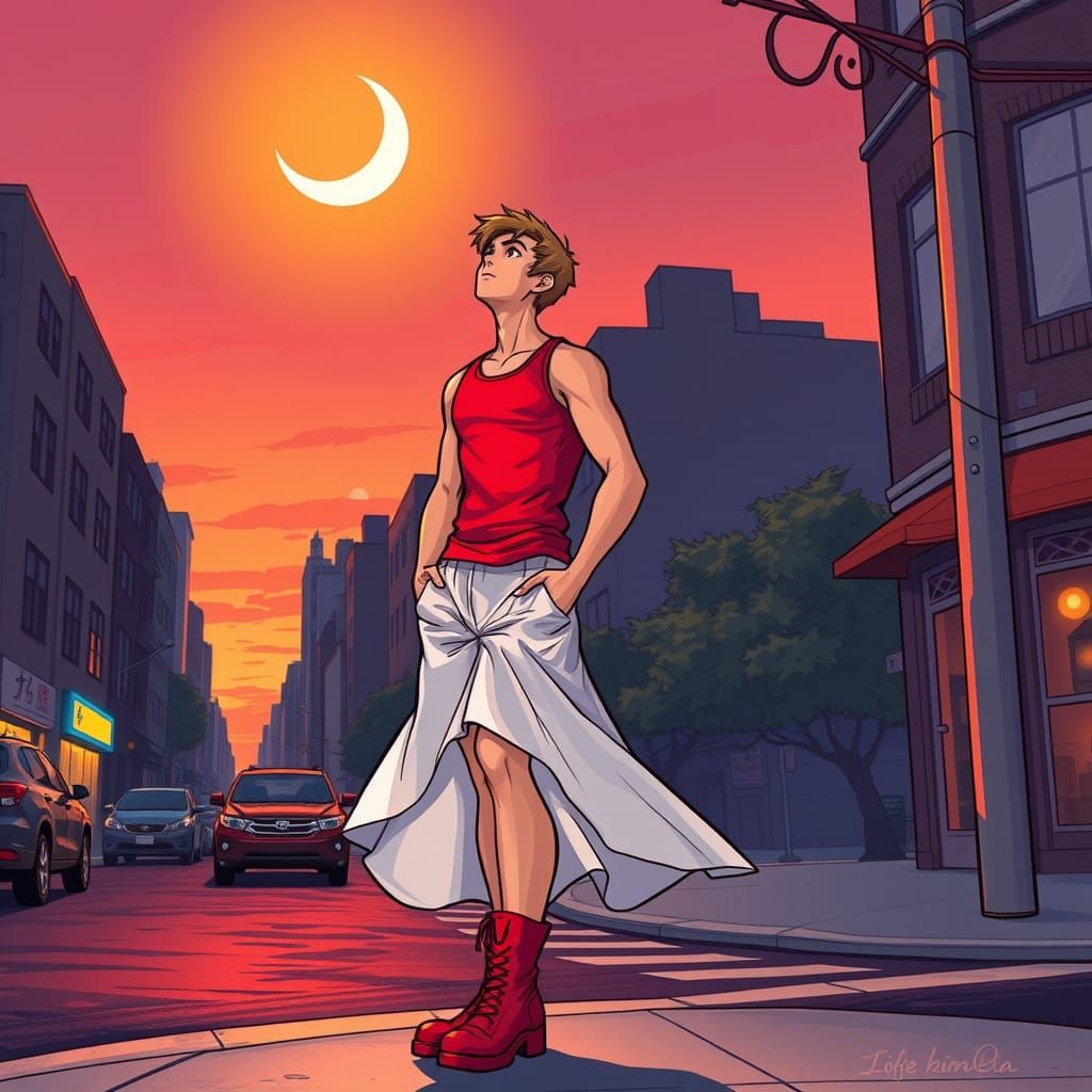 Stylized Comic Art: Girlish Man Gazing at Moon