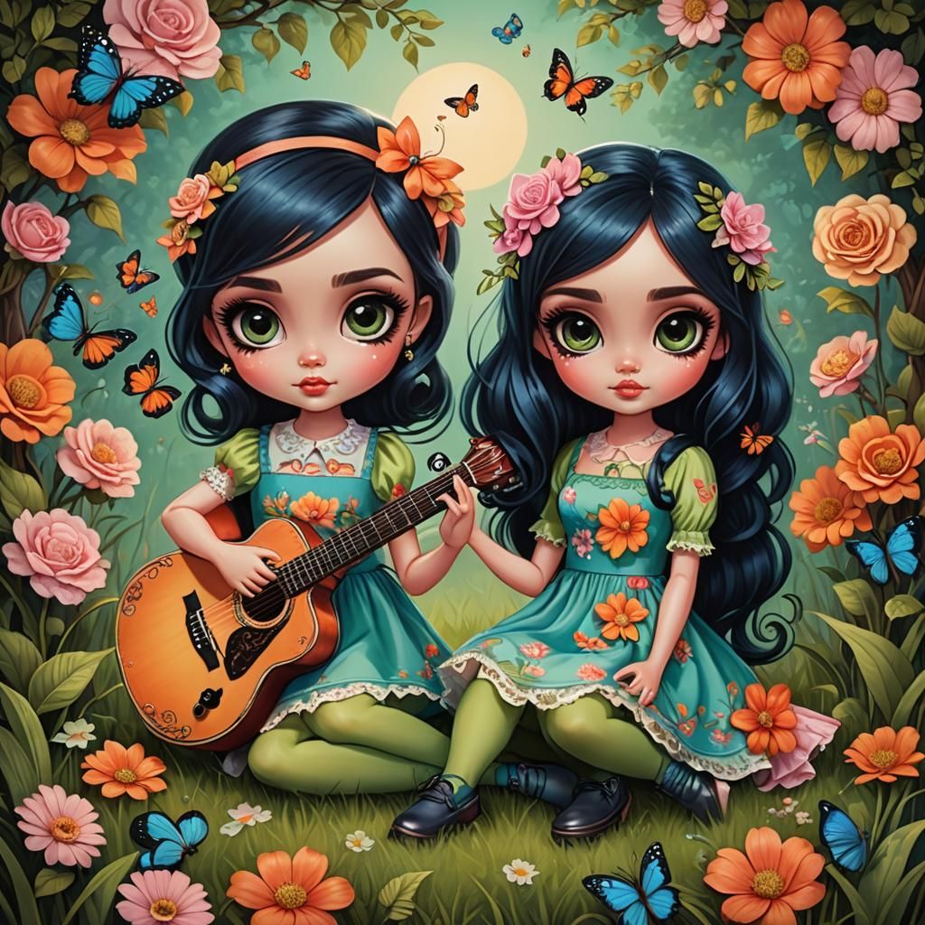 The picture two girls with big eyes in a cartoon style.