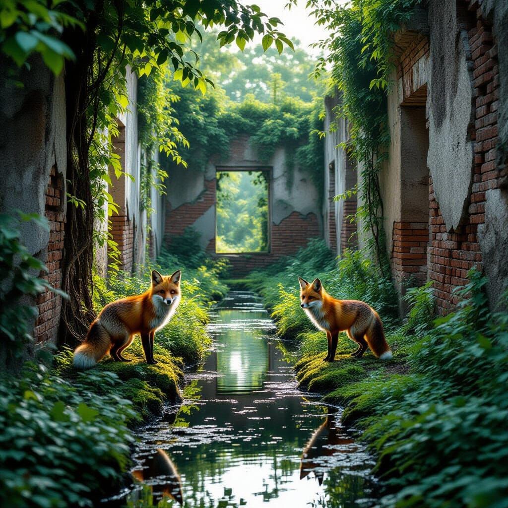 Overgrown Ancient Ruins Reclaimed by Nature with Fox