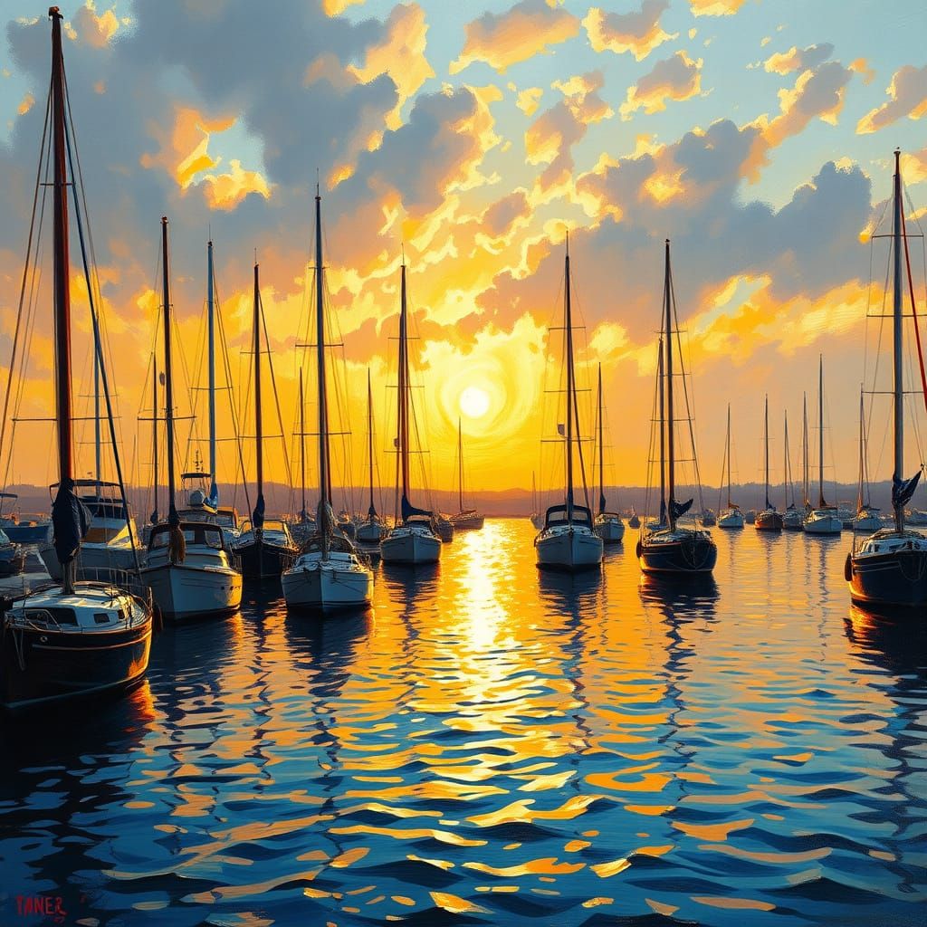 Sunset Harbor Impressionistic Oil Painting