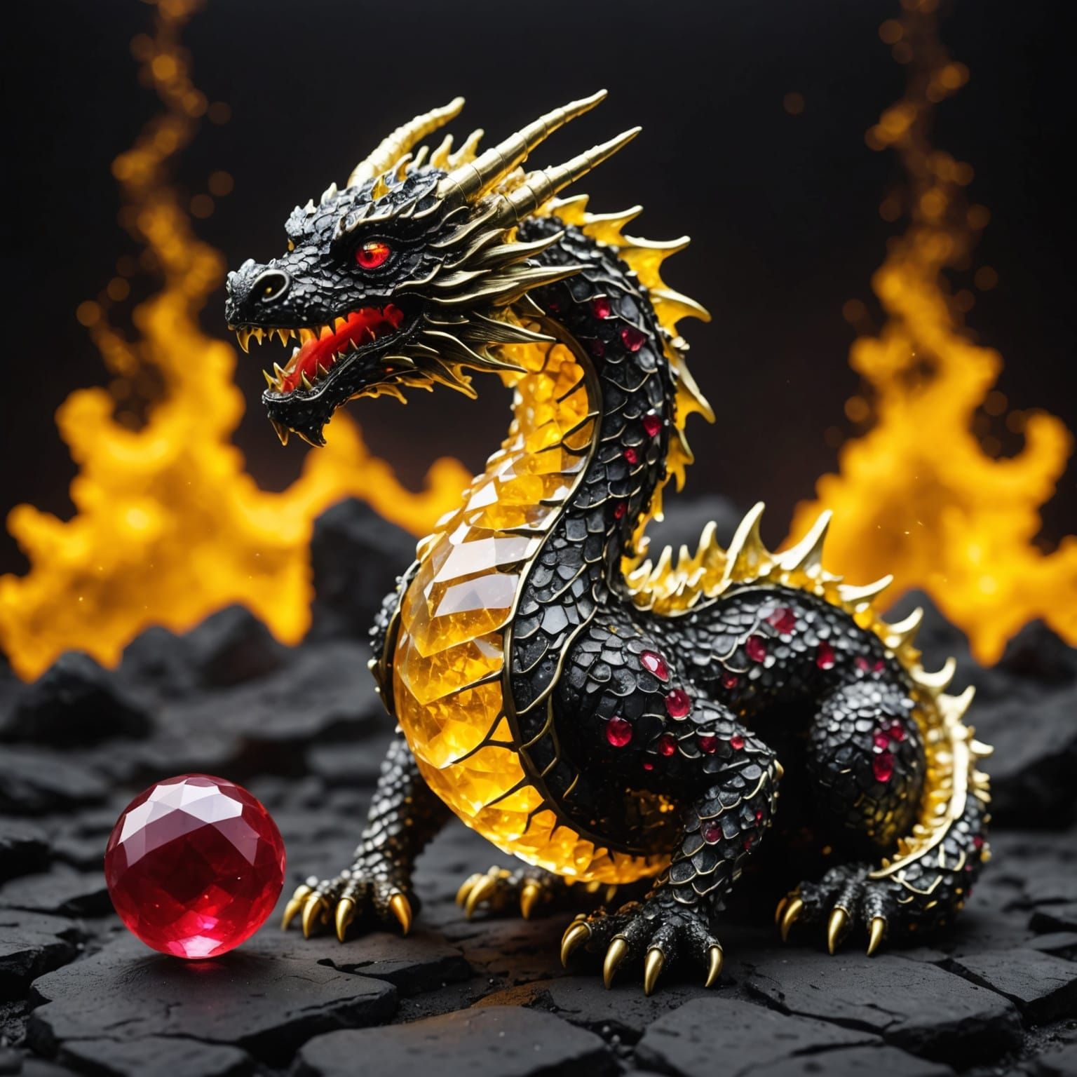 Glowing Ruby Lava Dragon with Crystal Yellow Background