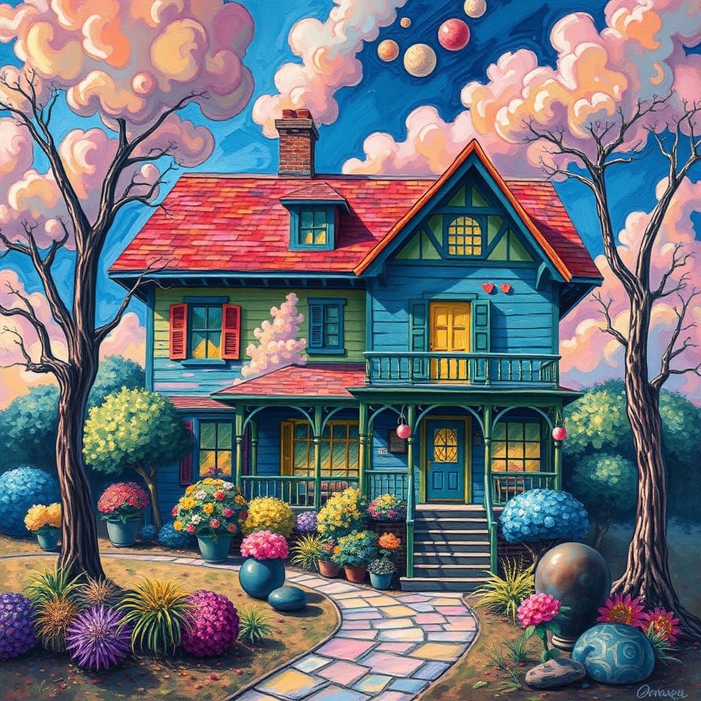 Dreamlike House in a Maximalist Gouache Style