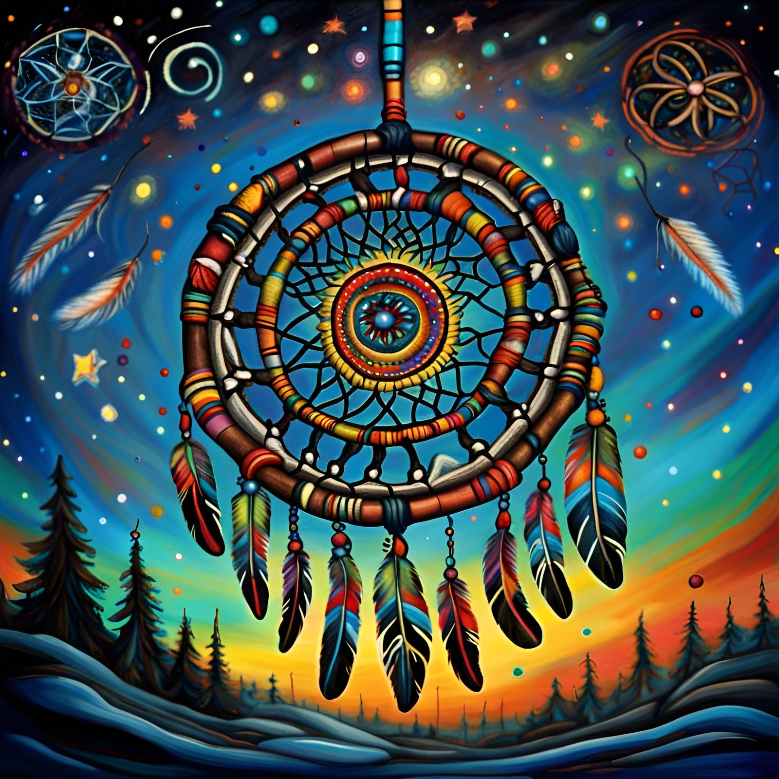 Colorful Dream Catcher in Starry Space Sky