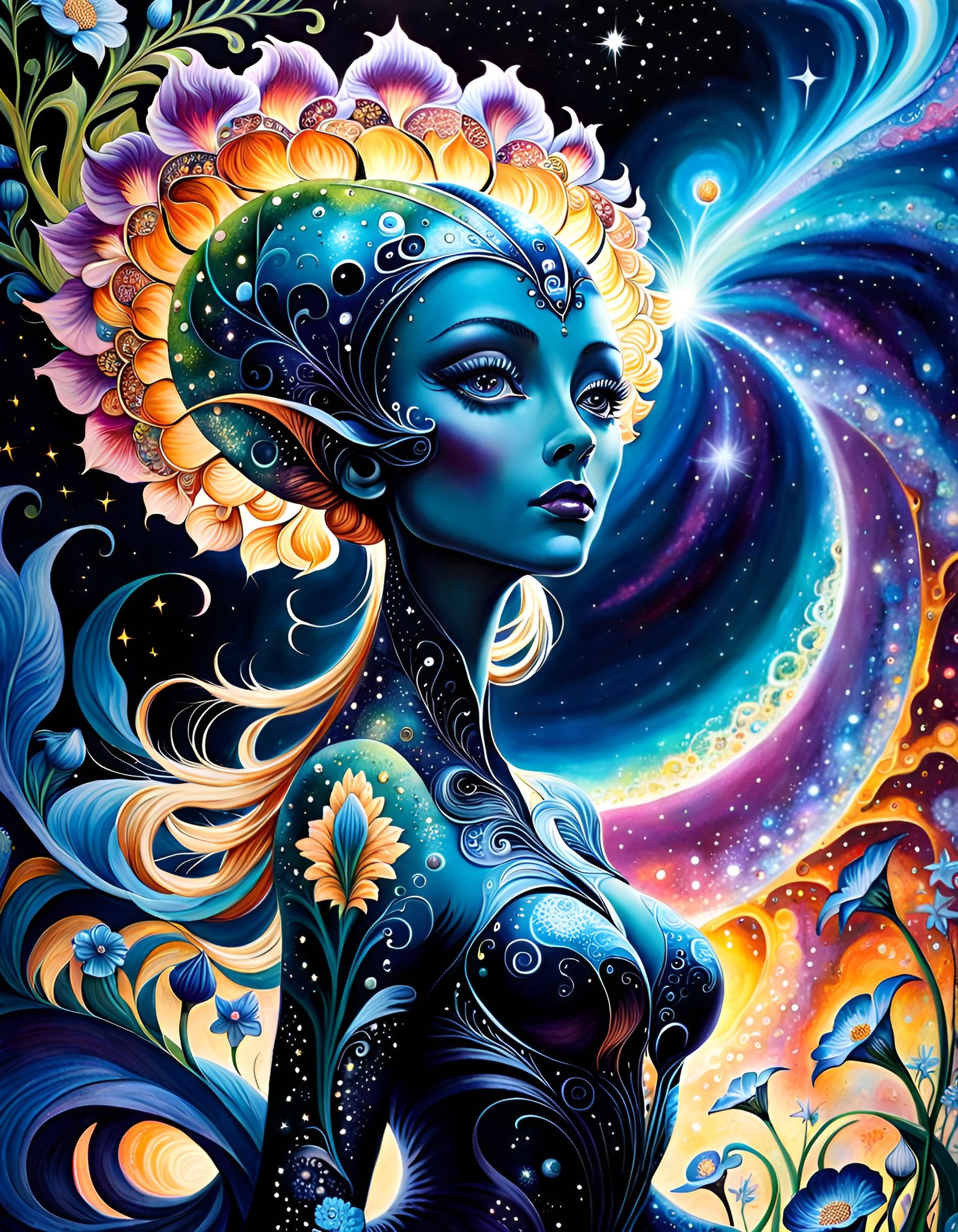 Exotic Floral Alien Galaxy Dance in Art Nouveau Style