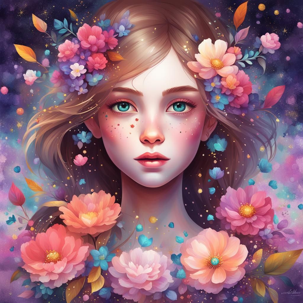 Cute Girl Portrait with Flowers in Gouache Style
