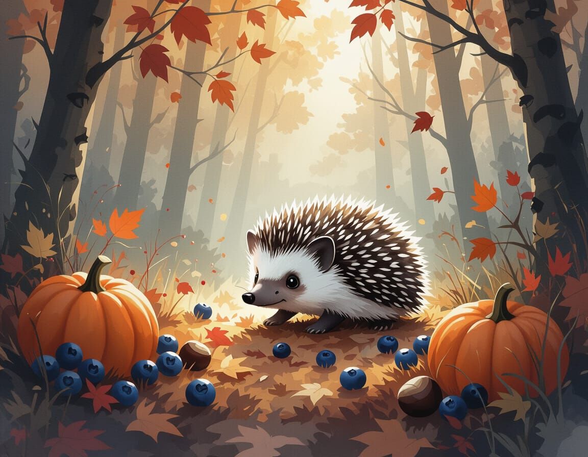 Hedgehog in Autumn Forest Ink Painting