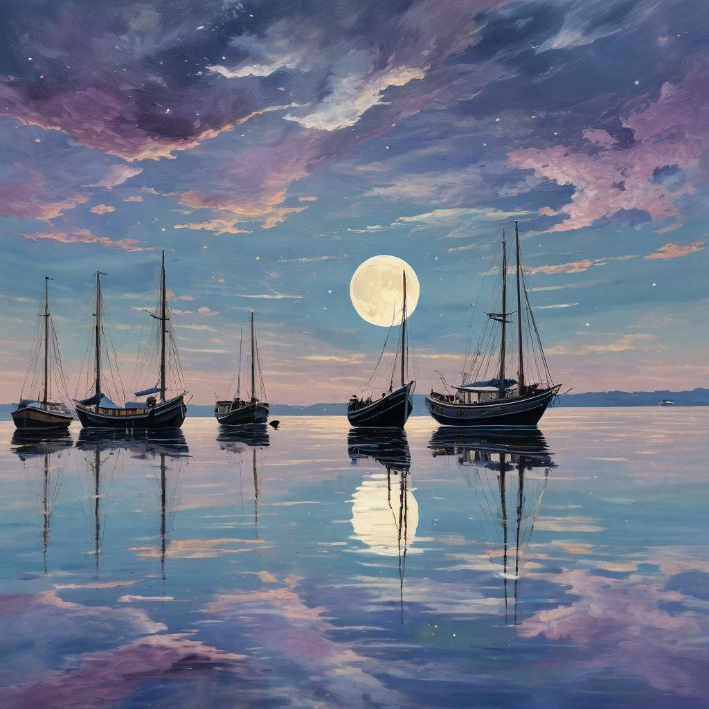 Two Moons Reflected on Still Ocean: Impasto Painting