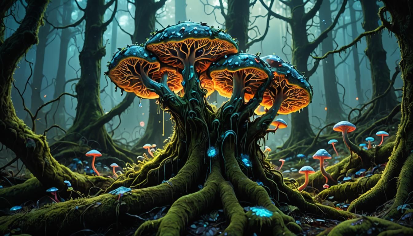 Bioluminescent Fungus Concept Art in Neon Colors