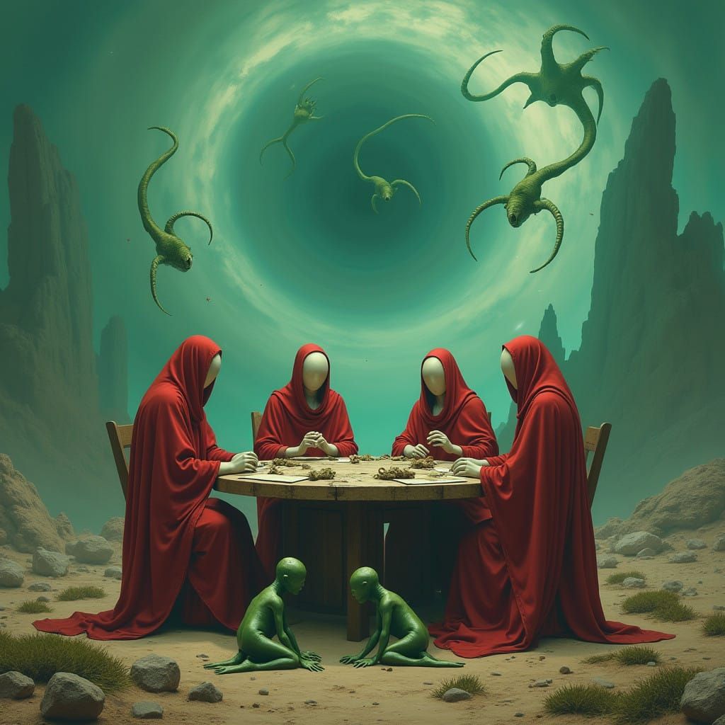 Ethereal Gathering in a Desolate, Alien Landscape