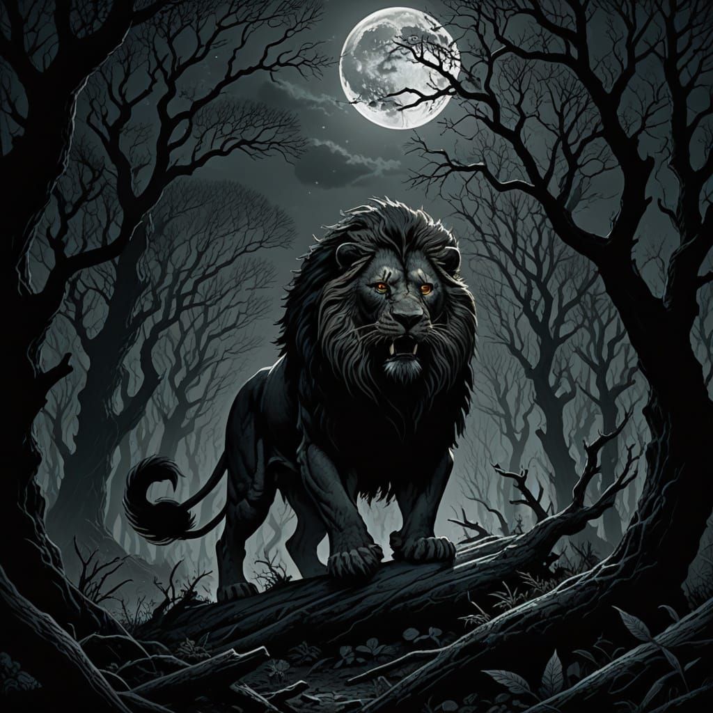 Fierce Lion Prowls Dark Forest in Engraved Style