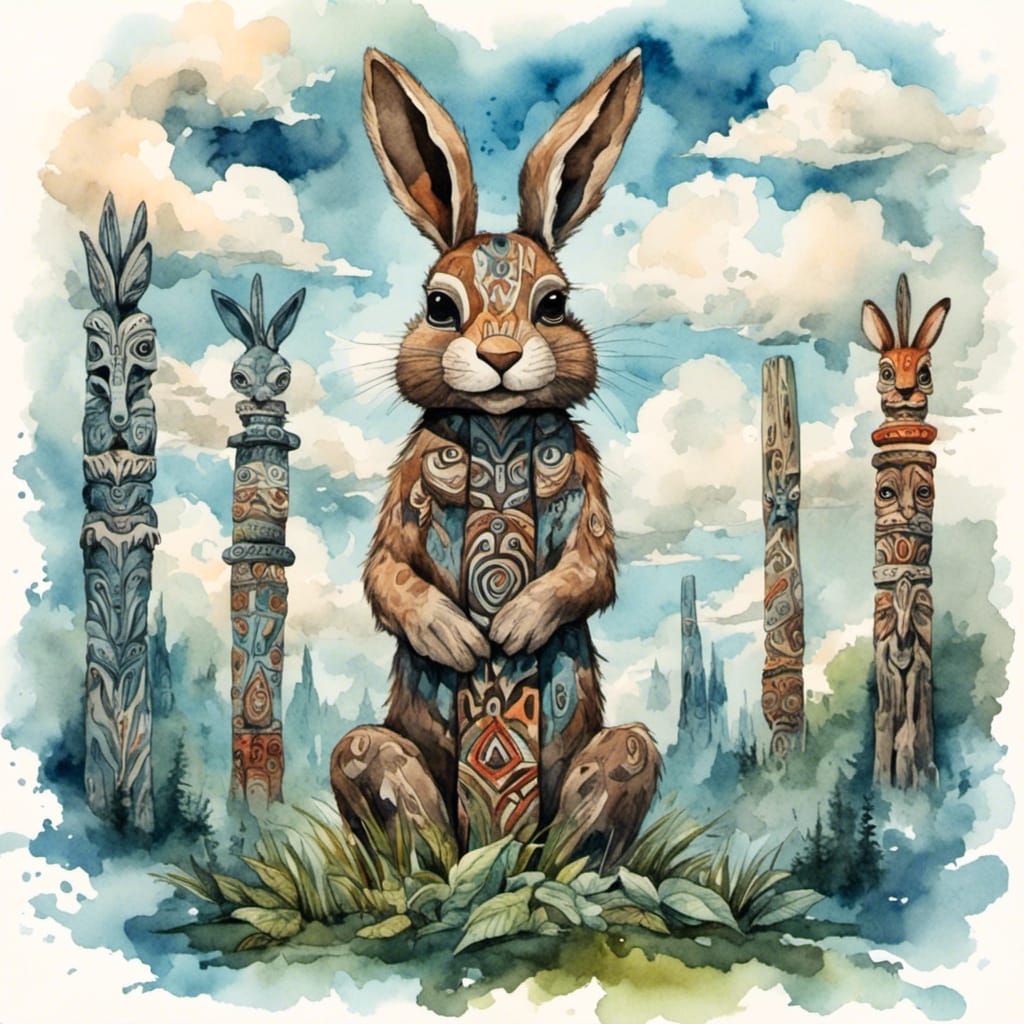 Pagan Tribal Bunny Totem Pole in Watercolor