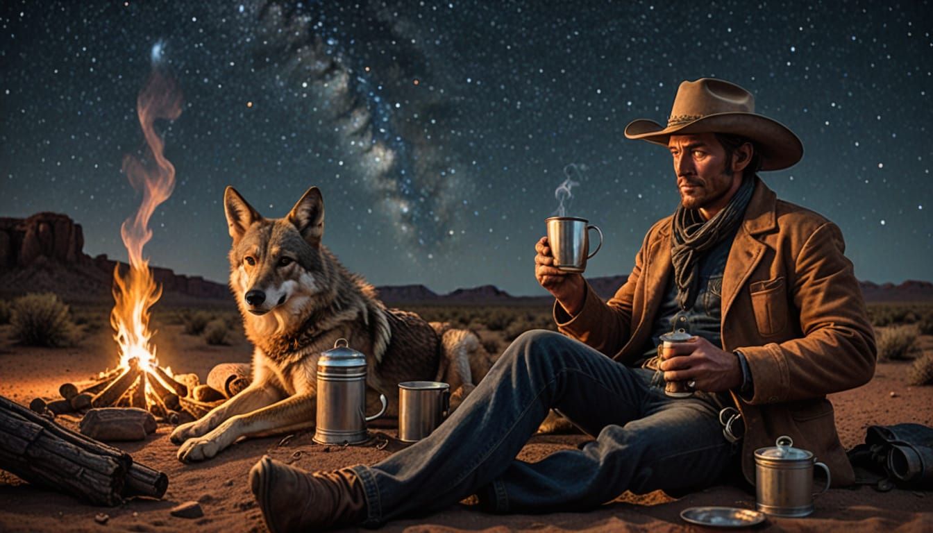 Cowboy Rests by Campfire with Coyote Under Starry Night