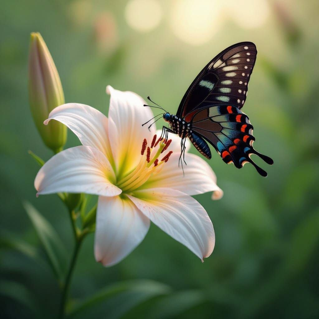 Daylily with Swallowtail Butterfly in Matte Painting Style