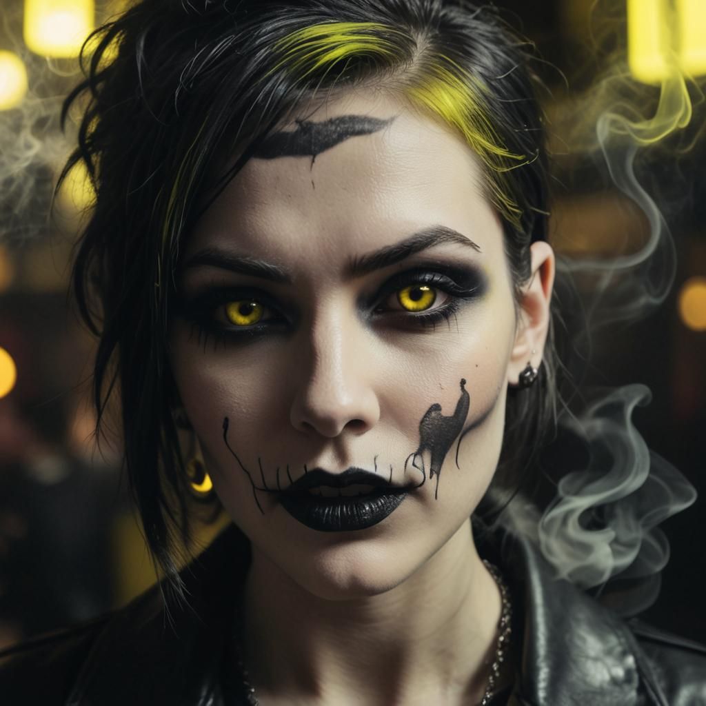 Goth Model in Neon Lit Coffee Shop