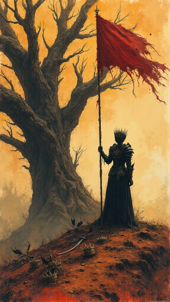 Beneath a vast dead tree on a cracked plateau, a regal queen in blackened armor gazes into the wind.