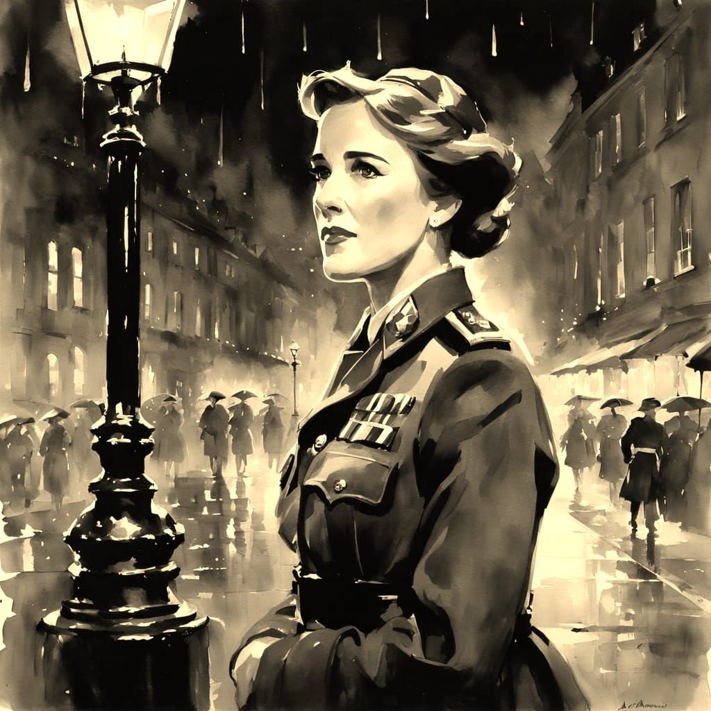 WW2 British Army Woman Portrait in Rainy Night