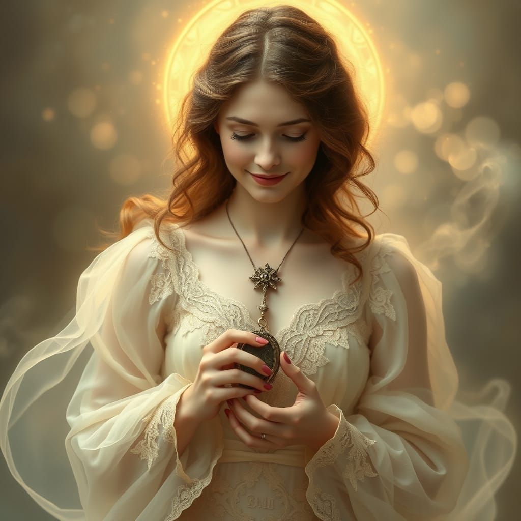 Ethereal Woman in Pre-Raphaelite Style, Surrounded by Golden...