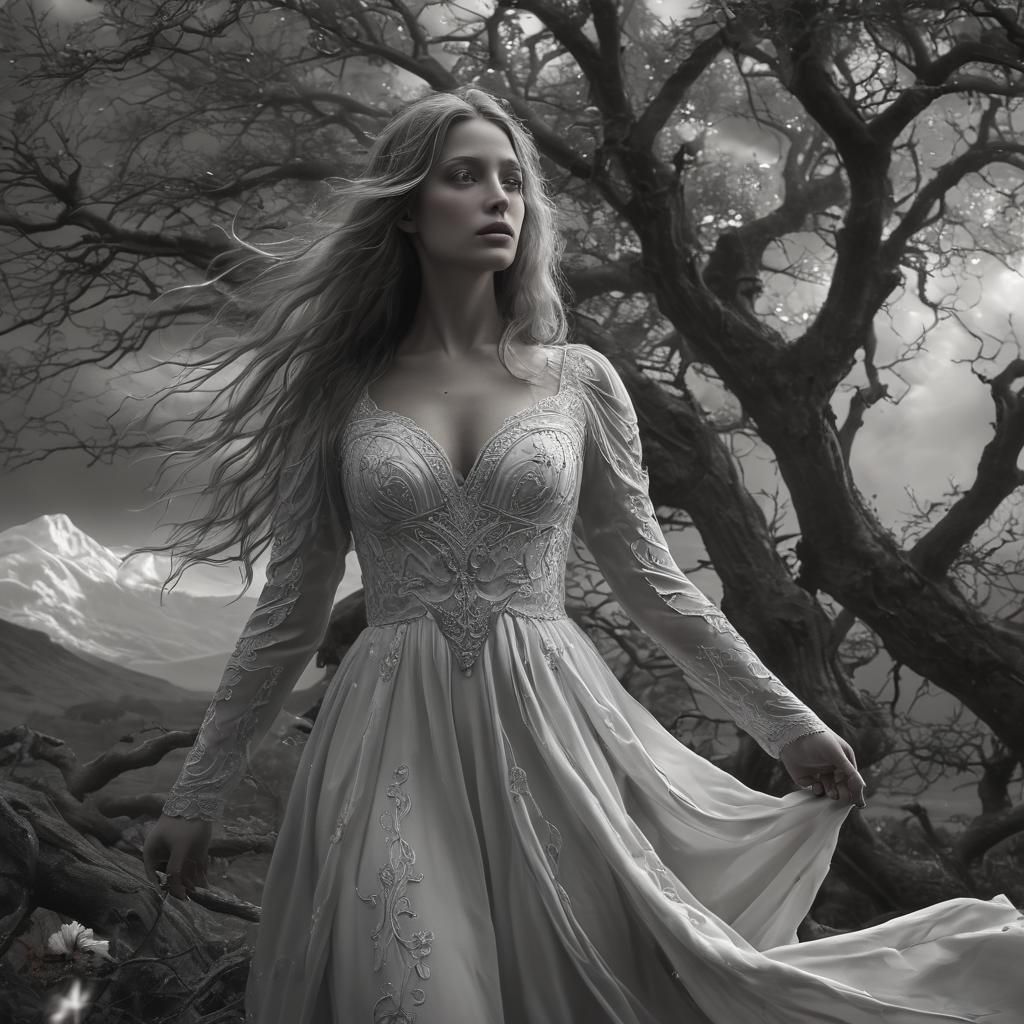 Mystical Woman in Eerie Landscape, Gustave Doré Style