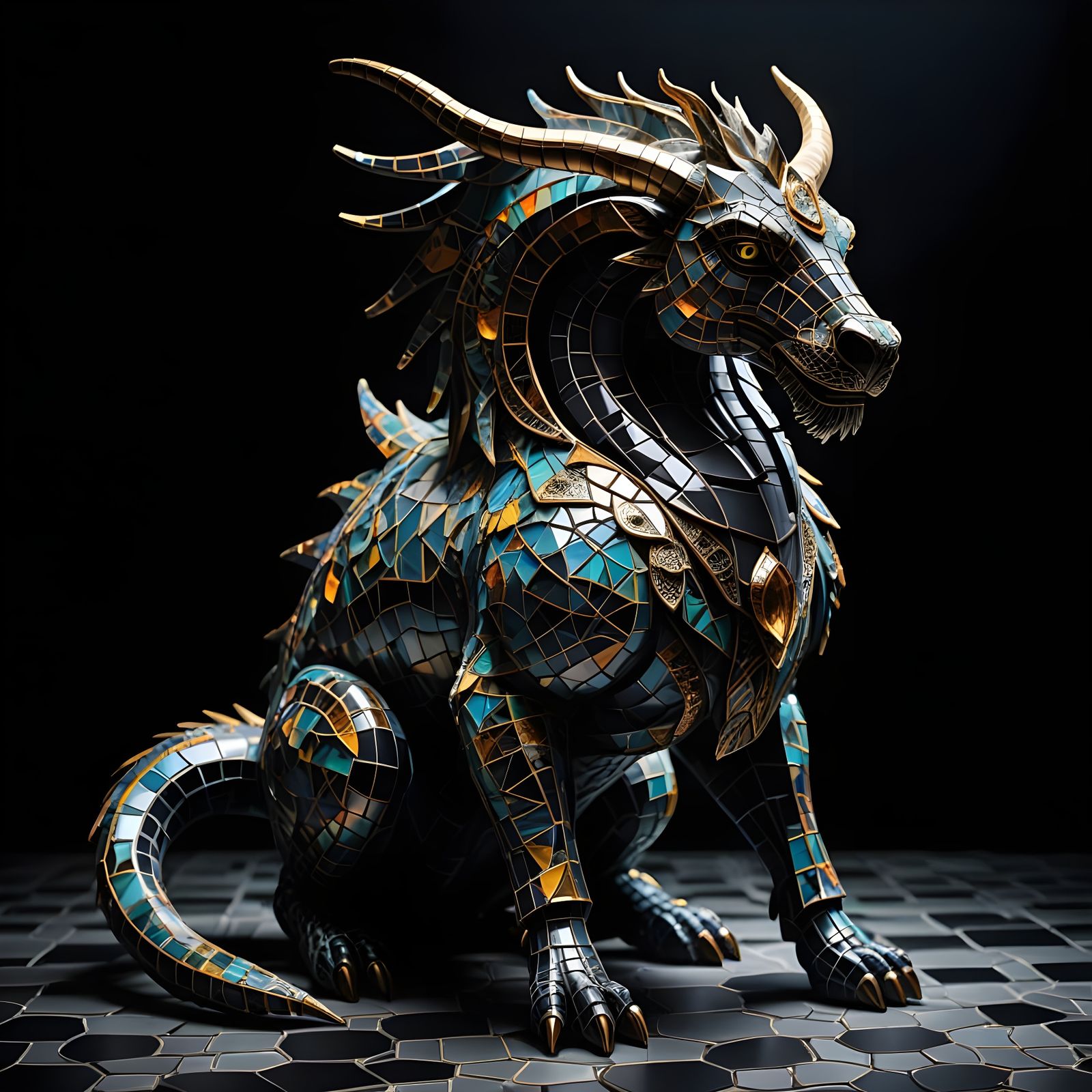 Mythical Mosaic Creature Unveiled in Dramatic Light