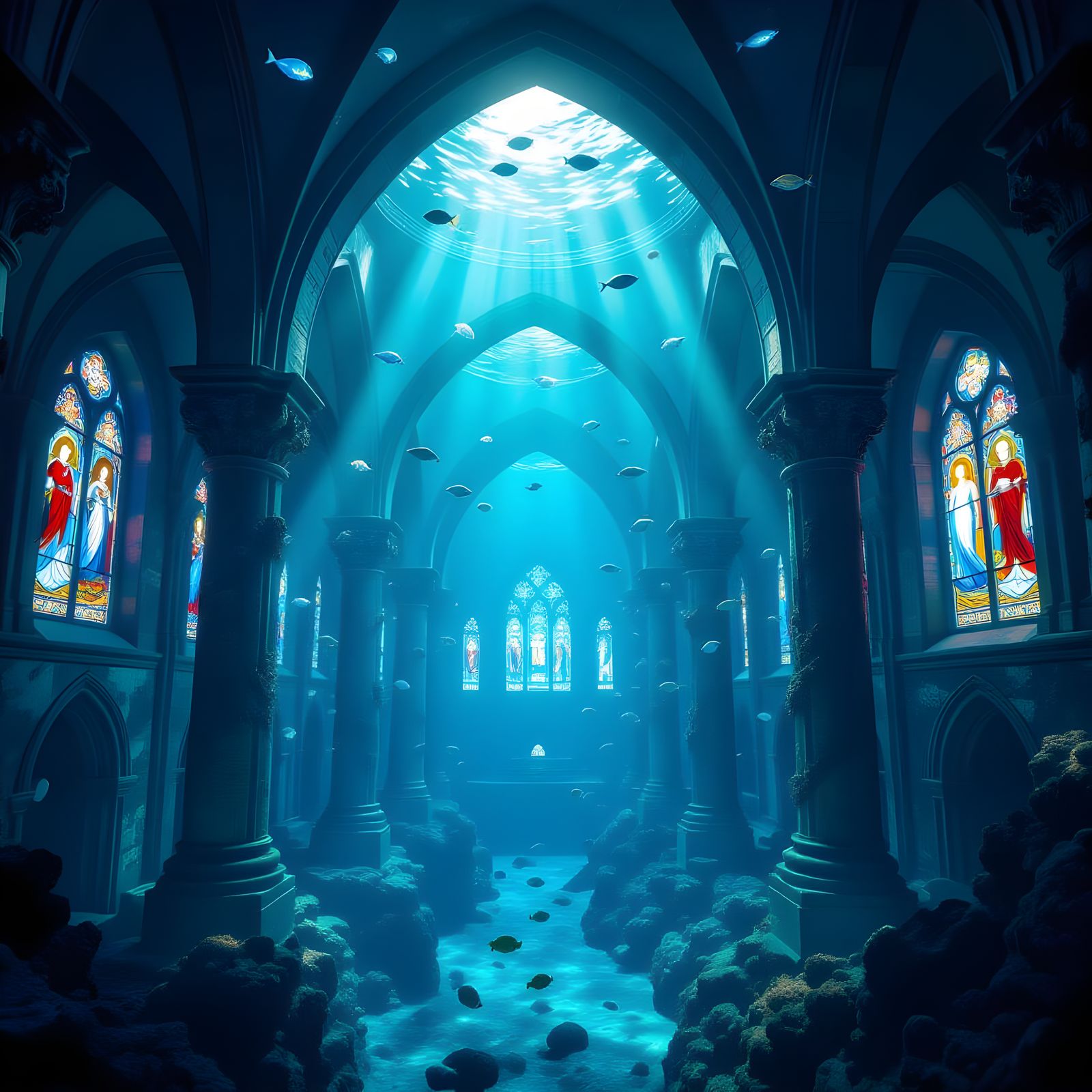 Underwater Cathedral with Mythical Sea Creatures