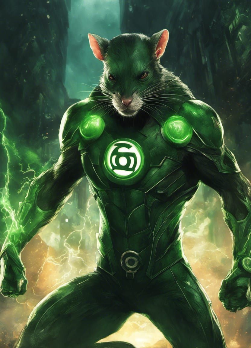 Fierce Green Lantern Rat Portrait in Dark Style