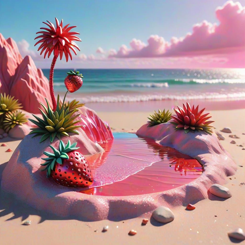 Surreal Strawberry Landscape in Cyberpunk Style