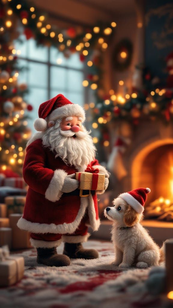 Adorable Felted Santa with Dog in Decorated Lounge