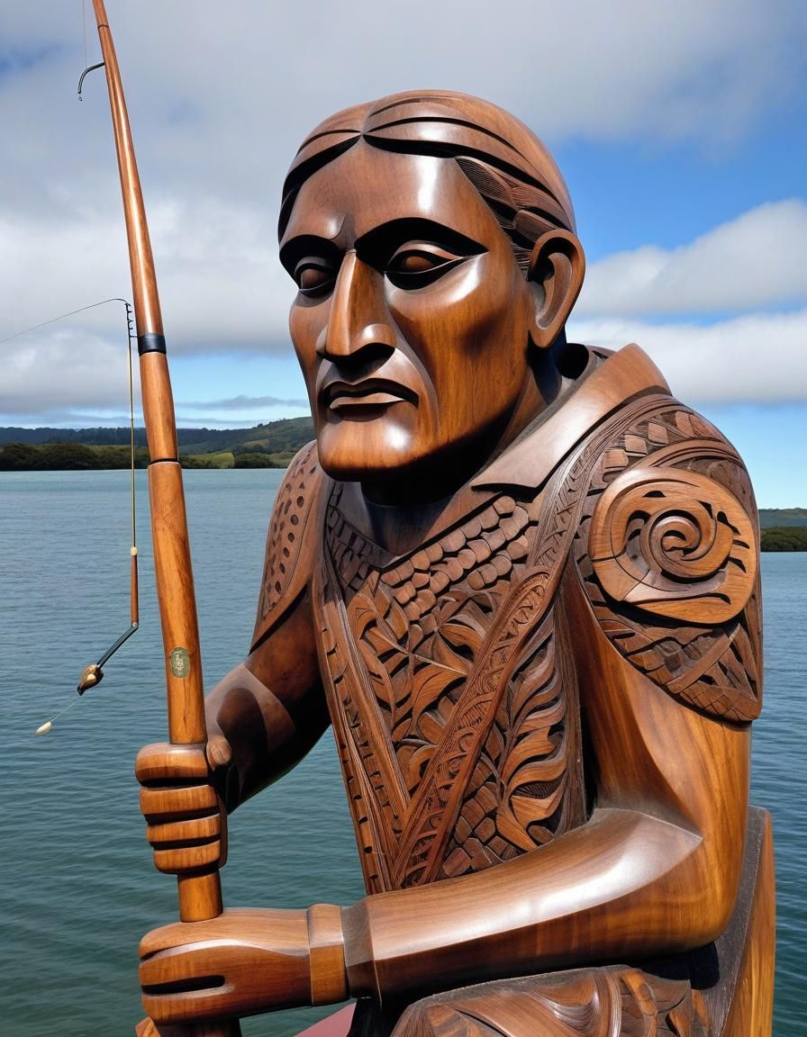 Maori Wooden Statue of a Fisherman